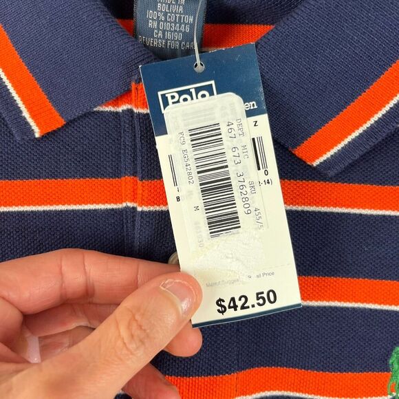 Polo Ralph Lauren Polo Long Sleeve Boys M 12/14 Stripe Orange Blue NWT - Picture 4 of 10